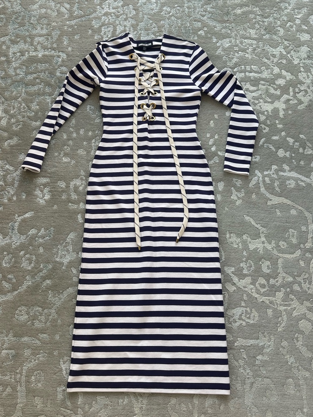 House of Holland Navy & White Striped Lace-Up Long Sleeve Midi Dress